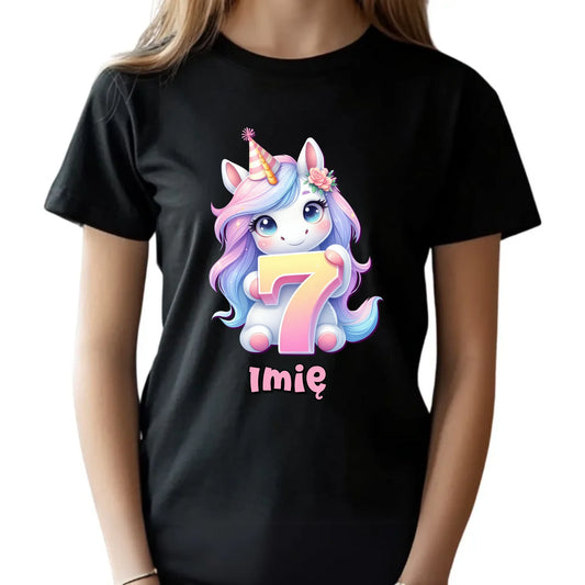 Koszulka dziecięca urodzinowa - prezent na 7 urodziny dla dziewczynki - Jednorożec - personalizowana U51 - StoryCups.pl