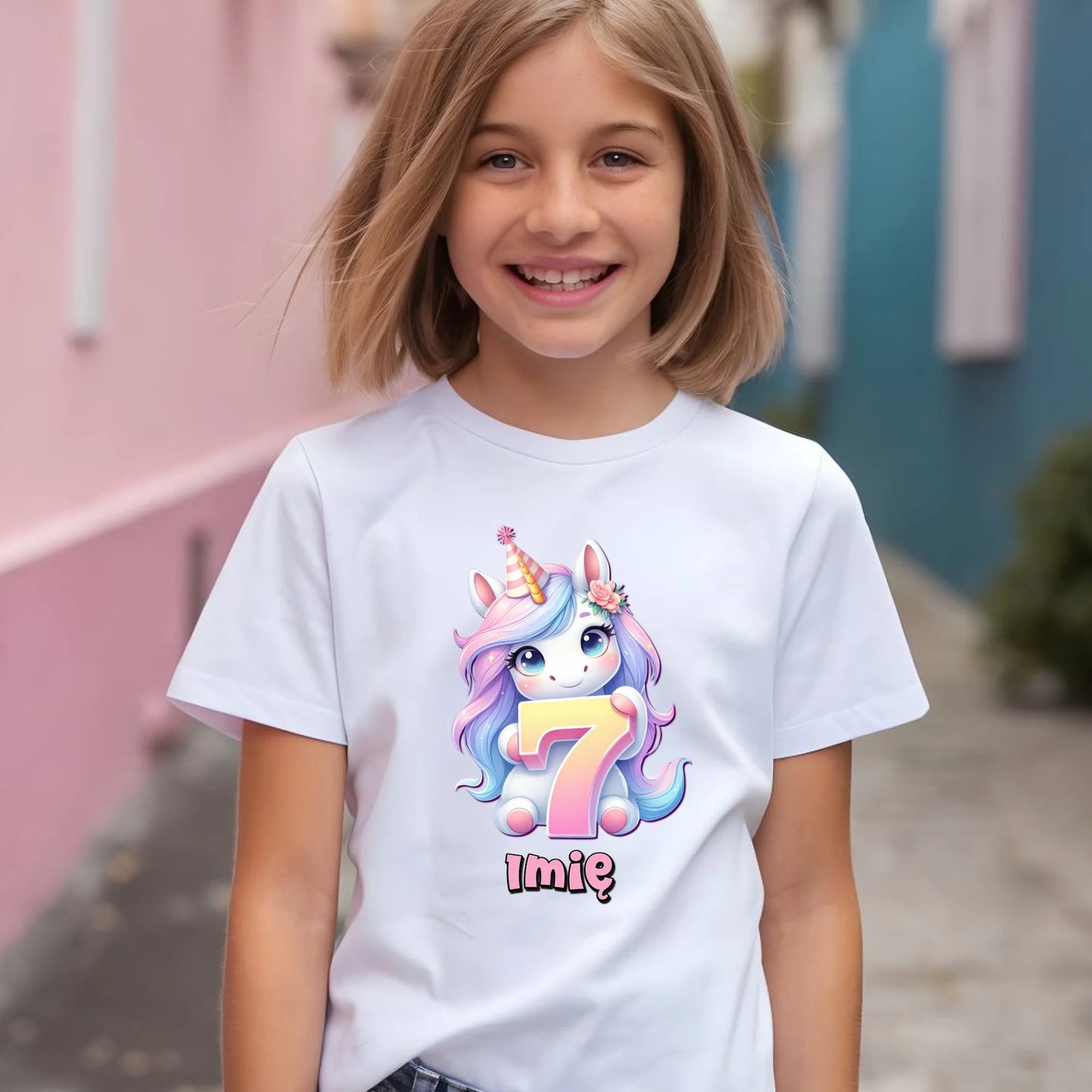 Koszulka dziecięca urodzinowa - prezent na 7 urodziny dla dziewczynki - Jednorożec - personalizowana U51 - StoryCups.pl