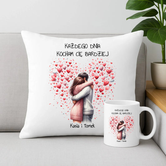 Zestaw poduszka i kubek dla par - prezent dla dziewczyny i chłopaka - Kocham Cię - personalizowany W09 - StoryCups.pl
