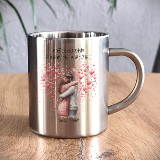 Kubek metalowy dla par - prezent dla dziewczyny i chłopaka - Kocham Cię - personalizowany W09 - StoryCups.pl