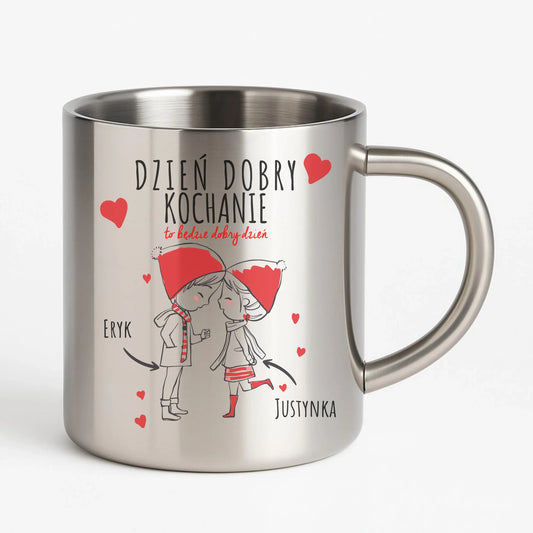 Kubek metalowy dla par - prezent na Walentynki - Dzień dobry Kochanie - personalizowany W10 - StoryCups.pl