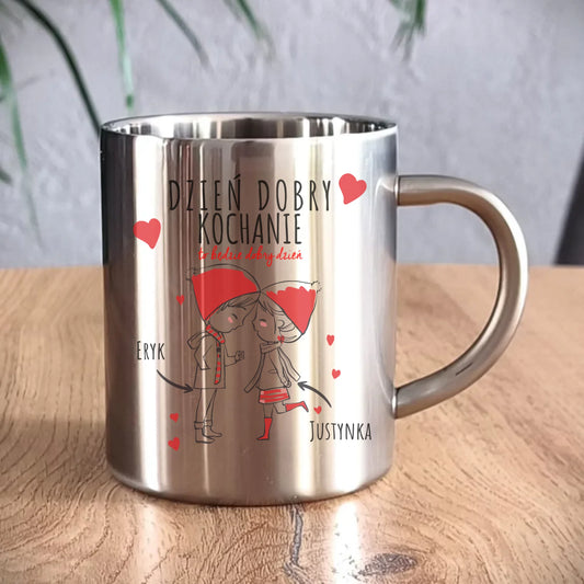 Kubek metalowy dla par - prezent na Walentynki - Dzień dobry Kochanie - personalizowany W10 - StoryCups.pl