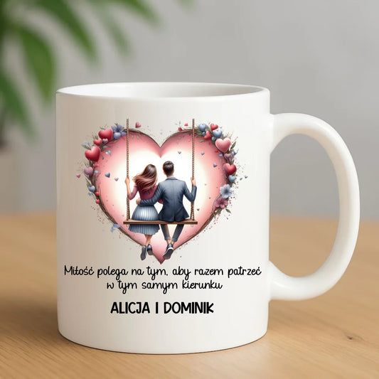 Kubek dla par - prezent dla chłopaka i dziewczyny - Para na huśtawce - personalizowany W12 - StoryCups.pl