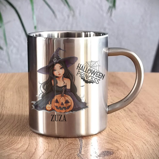 Kubek metalowy halloweenowy - Czarownica z dynią - personalizowany HL10 - StoryCups.pl