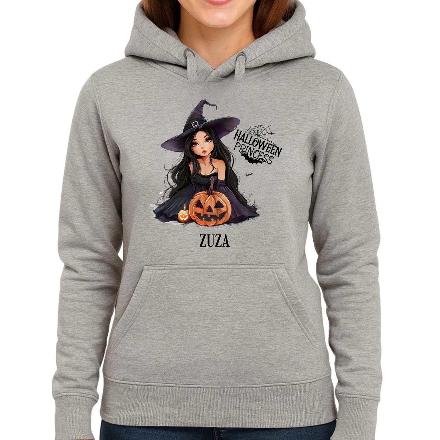 Bluza damska z kapturem halloweenowa - Czarownica z dynią - personalizowana HL10 - StoryCups.pl