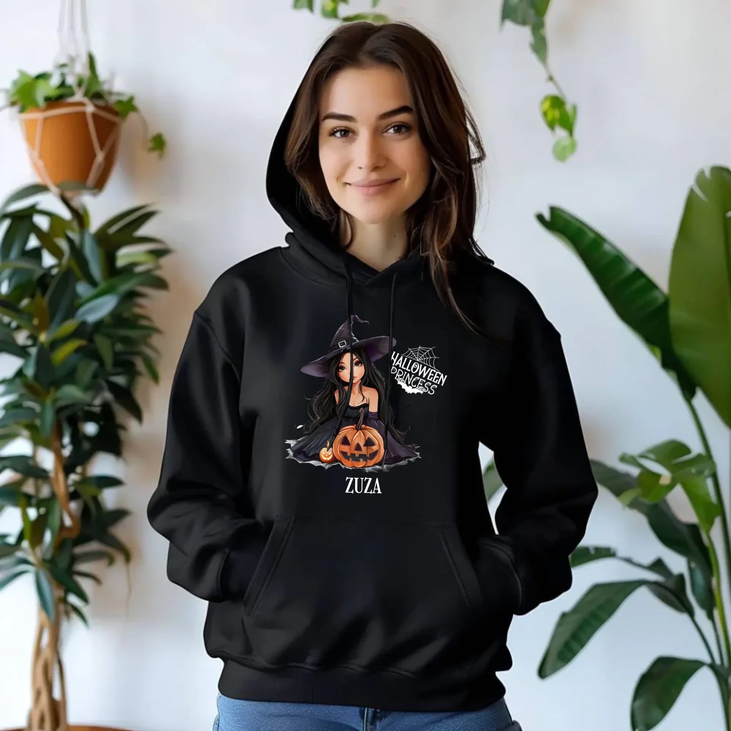 Bluza damska z kapturem halloweenowa - Czarownica z dynią - personalizowana HL10 - StoryCups.pl