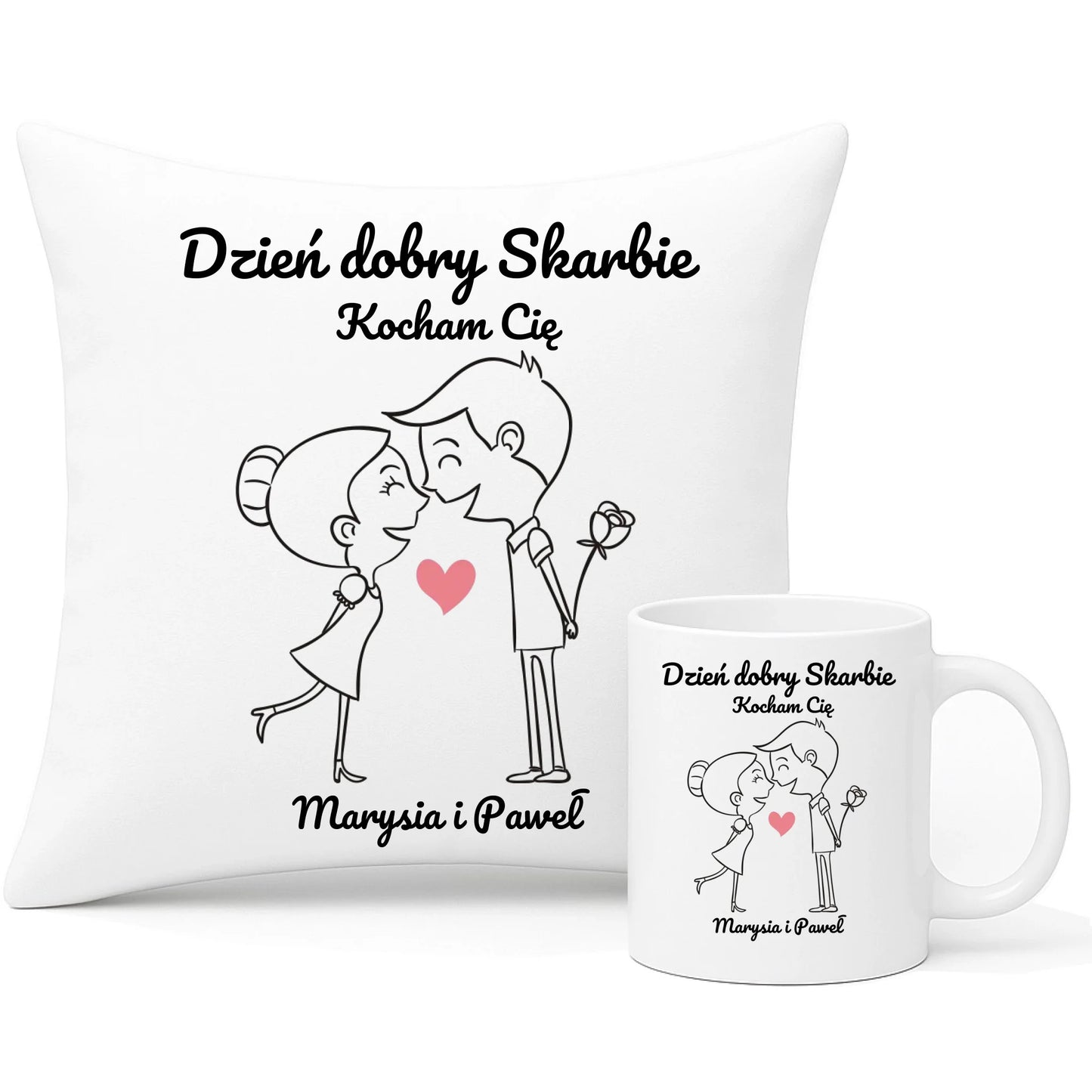 Zestaw poduszka i kubek dla par - prezent dla dziewczyny i chłopaka - Dzień dobry Skarbie - personalizowany W15 - StoryCups.pl
