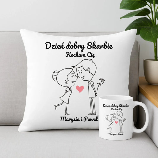 Zestaw poduszka i kubek dla par - prezent dla dziewczyny i chłopaka - Dzień dobry Skarbie - personalizowany W15 - StoryCups.pl