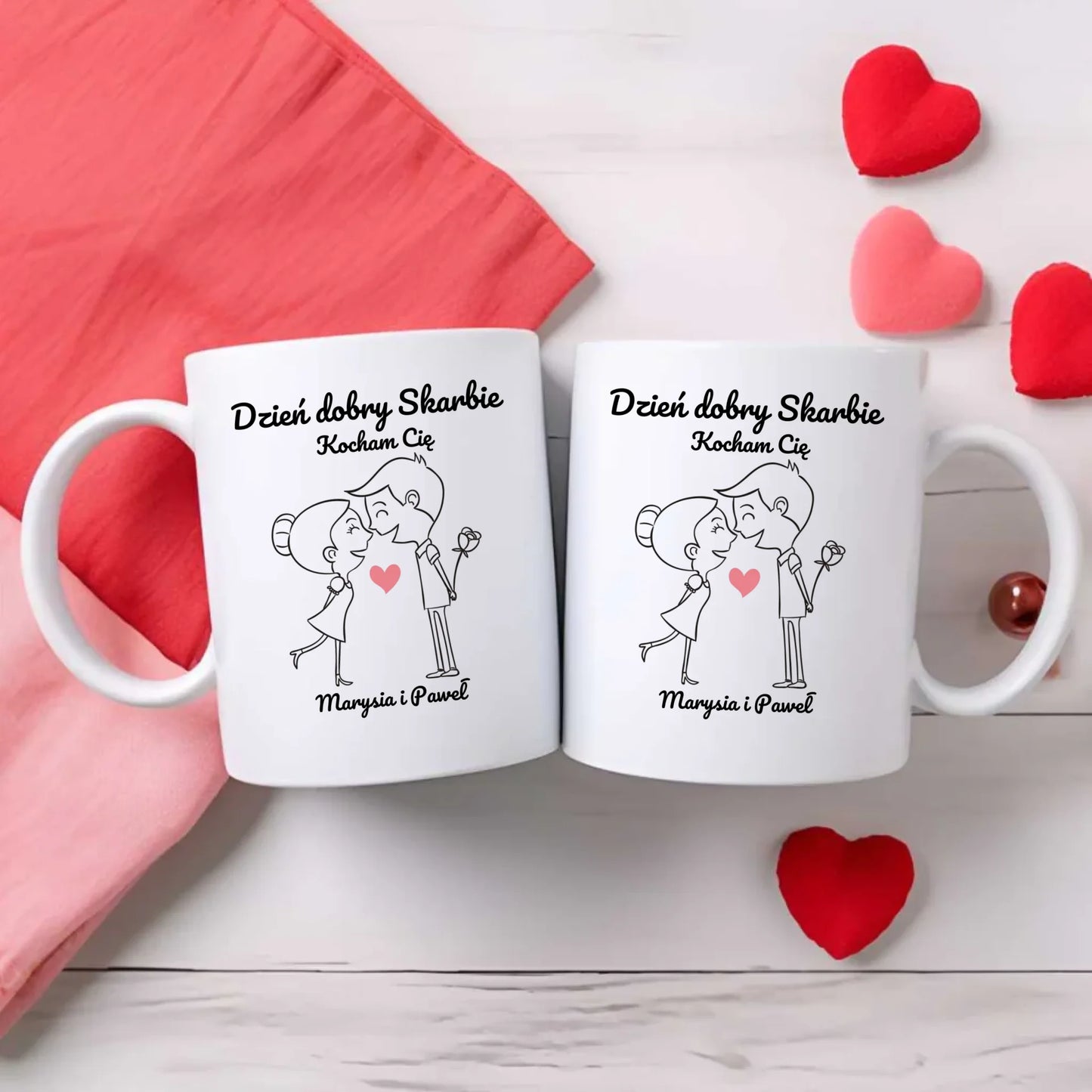 Zestaw poduszka i kubek dla par - prezent dla dziewczyny i chłopaka - Dzień dobry Skarbie - personalizowany W15 - StoryCups.pl