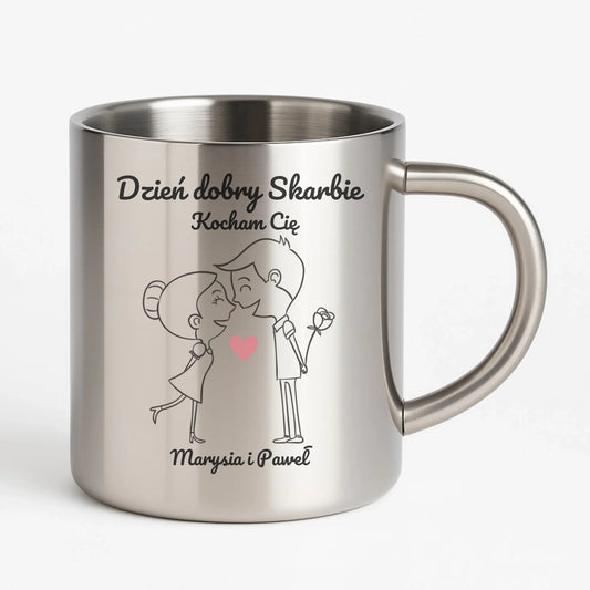 Kubek metalowy dla par - prezent dla dziewczyny i chłopaka - Dzień dobry Skarbie - personalizowany W15 - StoryCups.pl