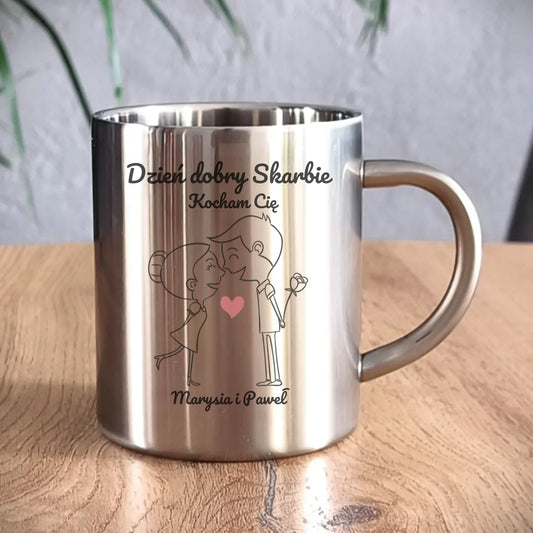 Kubek metalowy dla par - prezent dla dziewczyny i chłopaka - Dzień dobry Skarbie - personalizowany W15 - StoryCups.pl