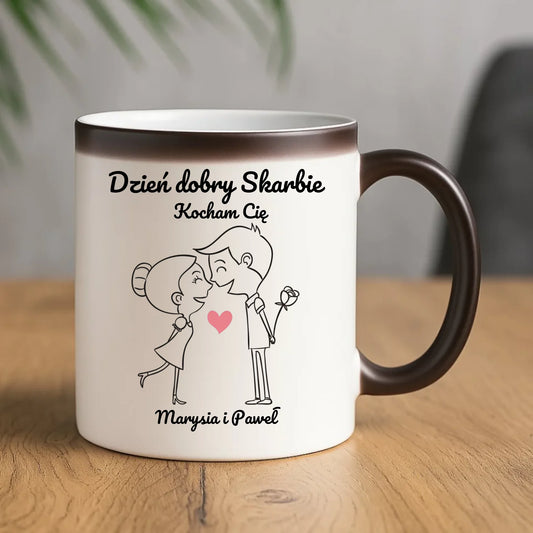 Kubek magiczny dla par - prezent dla dziewczyny i chłopaka - Dzień dobry Skarbie - personalizowany W15 - StoryCups.pl