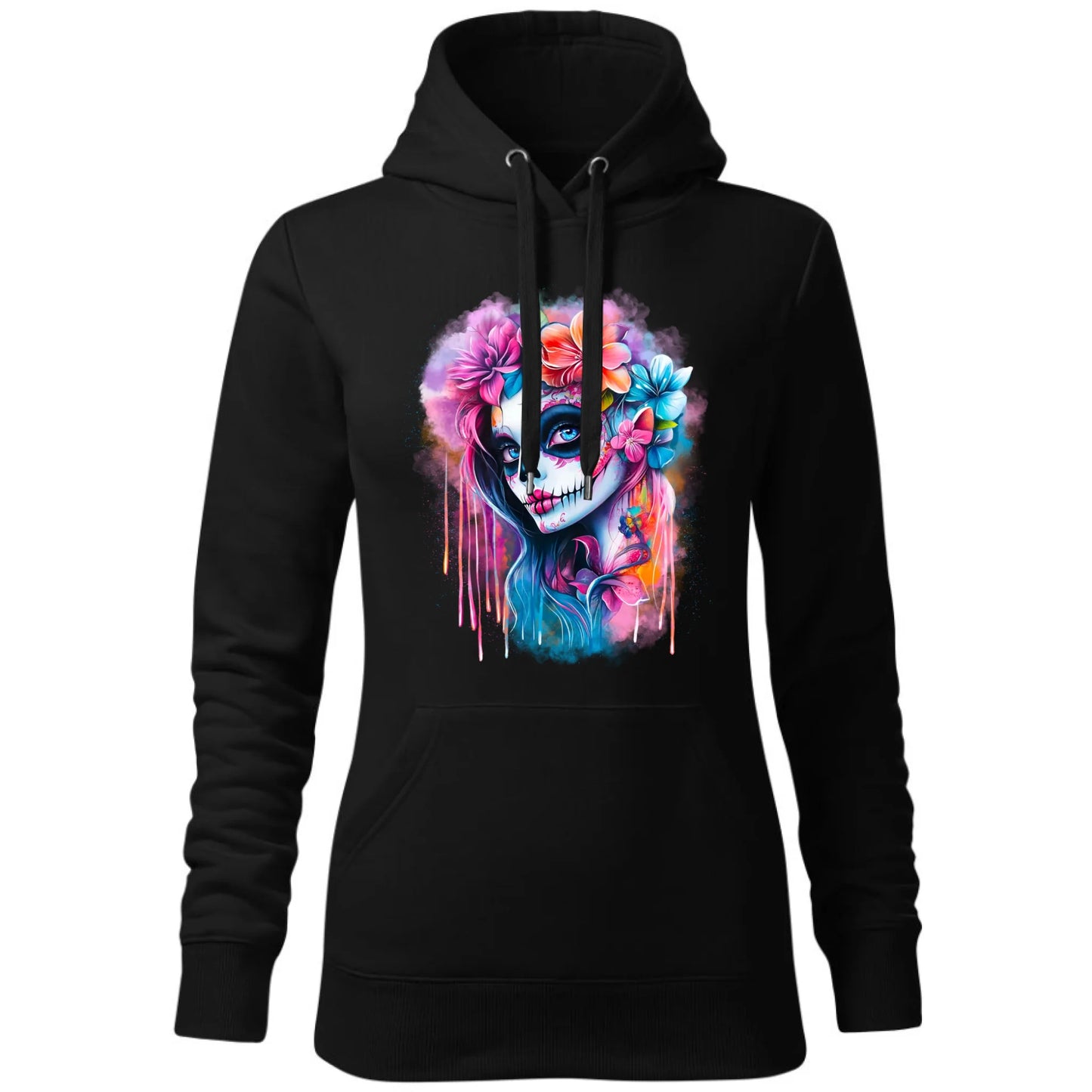 Bluza damska z kapturem Halloween - kolorowa czaszka z kwiatami La Muerte HL05 - StoryCups.pl
