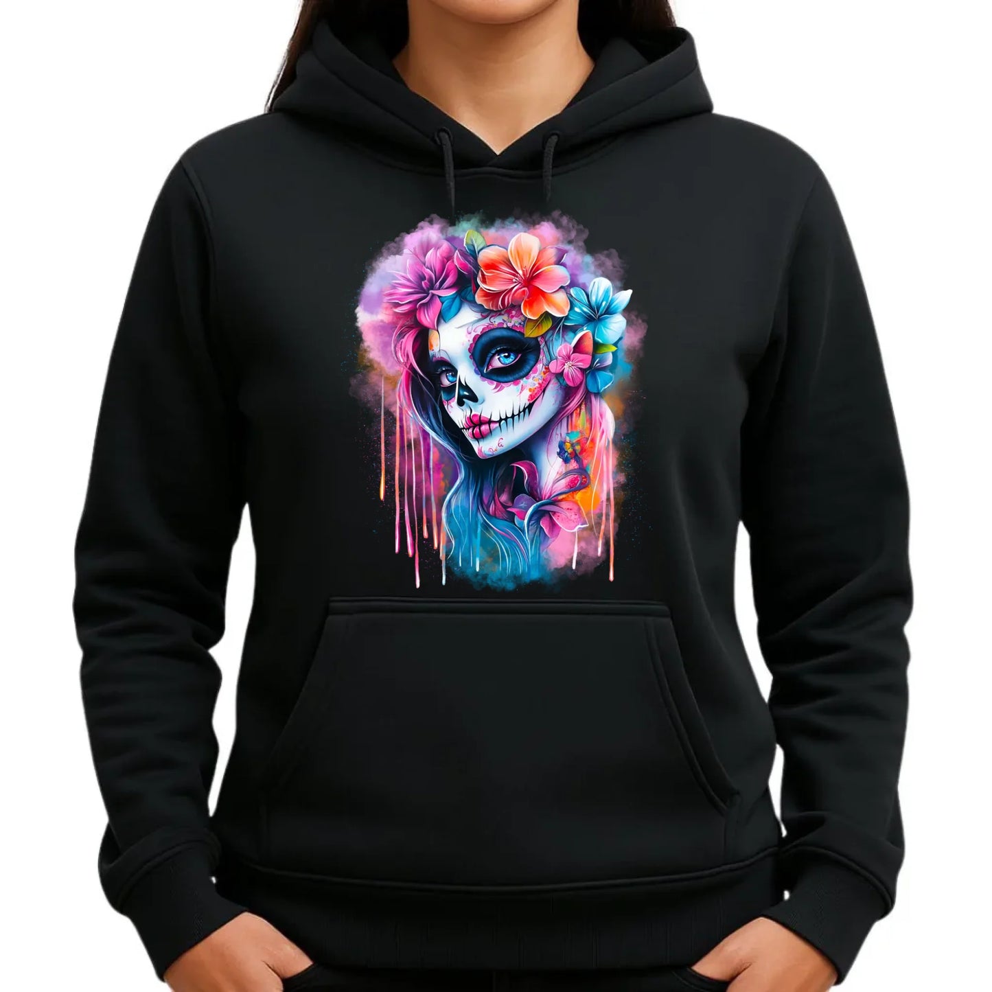 Bluza damska z kapturem Halloween - kolorowa czaszka z kwiatami La Muerte HL05 - StoryCups.pl