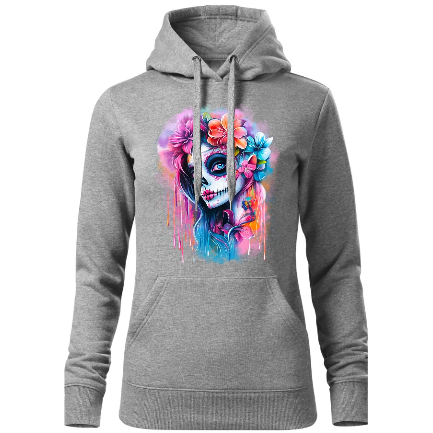 Bluza damska z kapturem Halloween - kolorowa czaszka z kwiatami La Muerte HL05 - StoryCups.pl