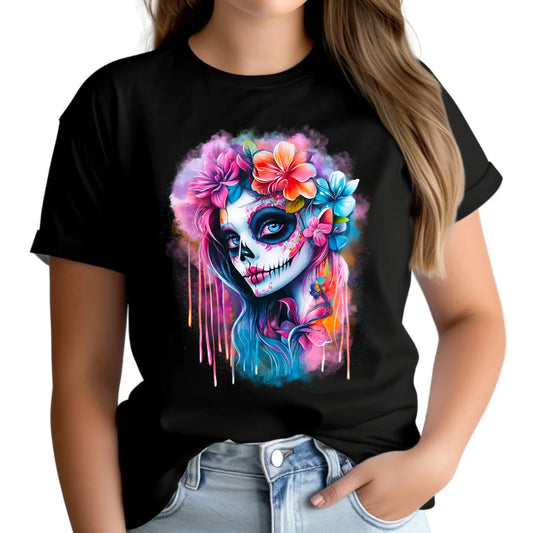 Koszulka damska Halloween - kolorowa czaszka z kwiatami La Muerte HL05 - StoryCups.pl