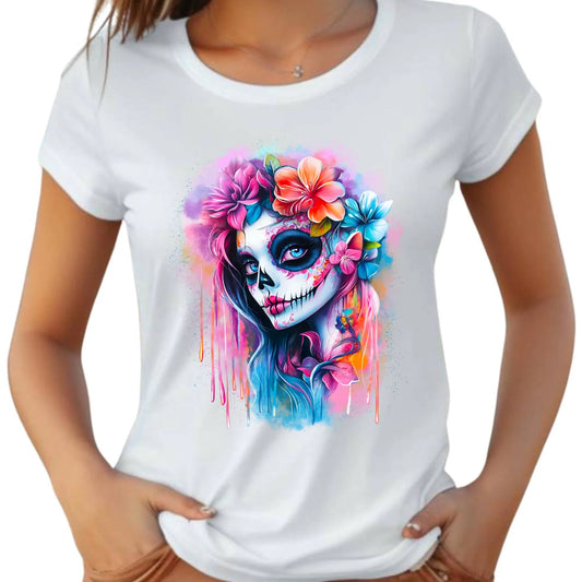 Koszulka damska Halloween - kolorowa czaszka z kwiatami La Muerte HL05 - StoryCups.pl