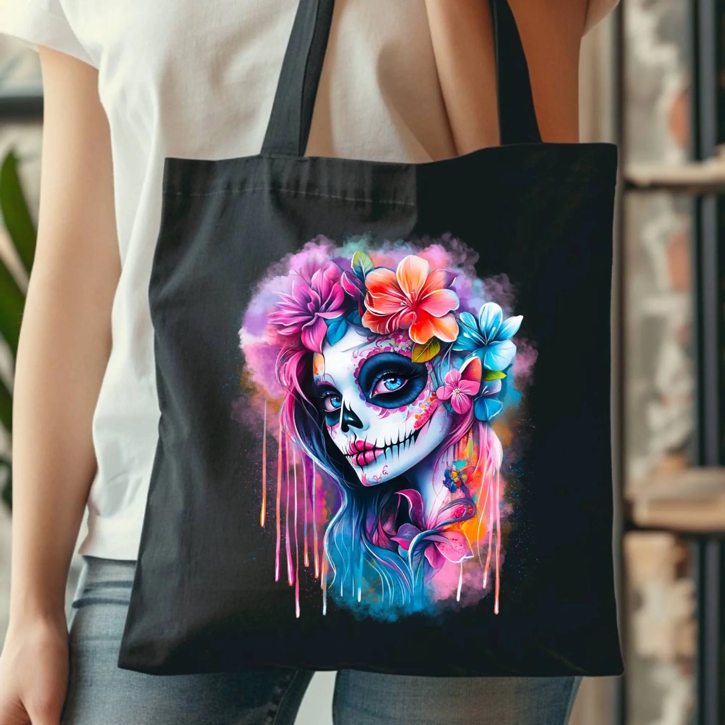 Torba halloweenowa - kolorowa czaszka z kwiatami La Muerte HL05 - StoryCups.pl