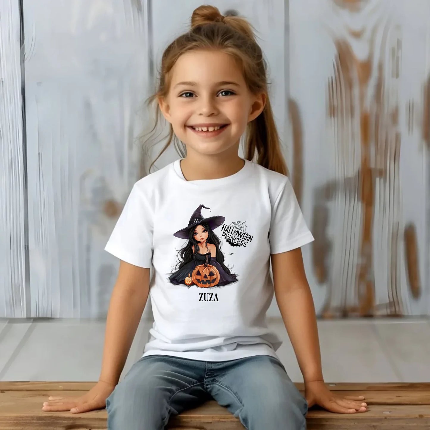 Koszulka dziecięca halloweenowa - Czarownica z dynią - personalizowana HL10 - StoryCups.pl