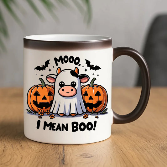 Kubek magiczny na Halloween - Mooo I mean Boo! - z dynią i duchem HL14 - StoryCups.pl