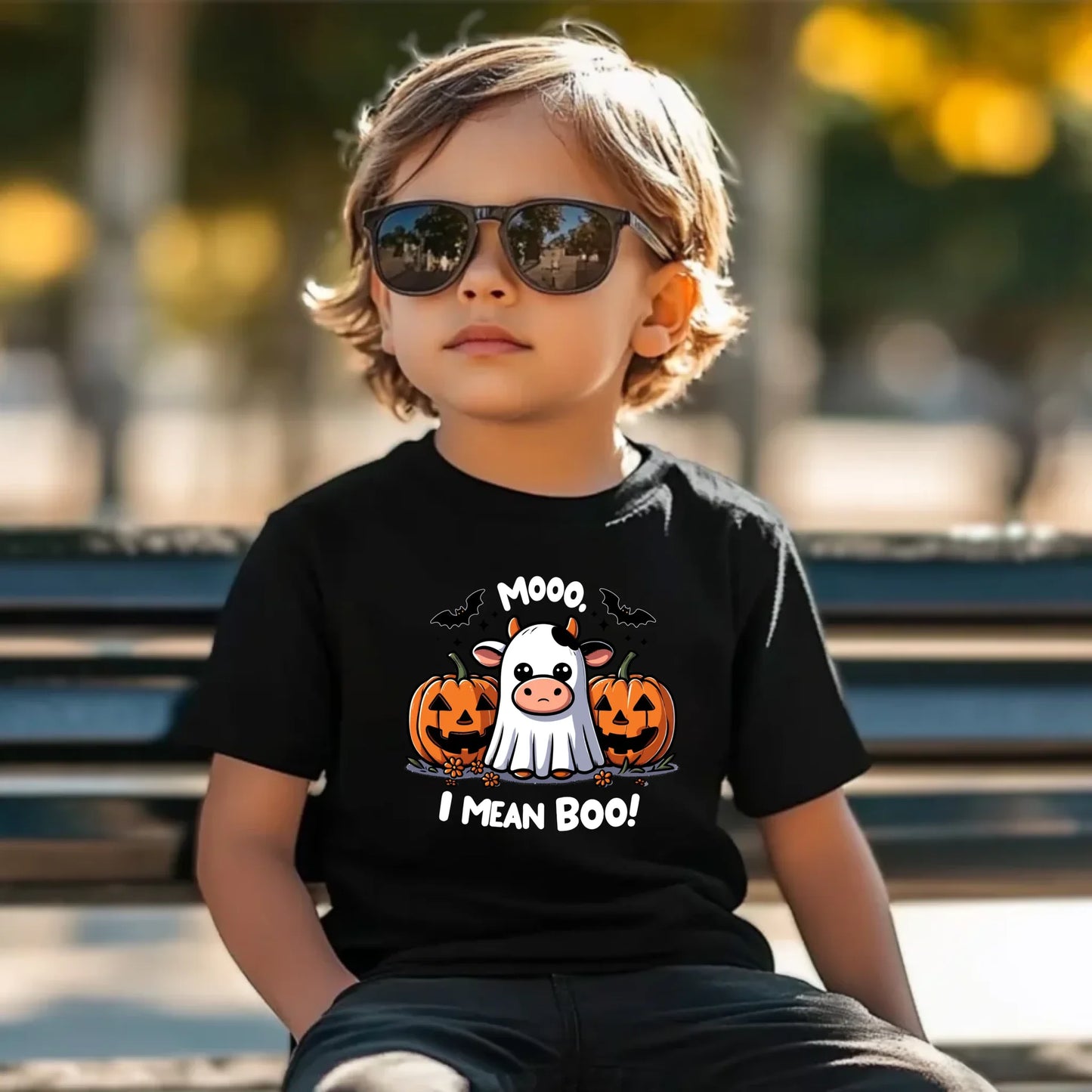 Koszulka dziecięca na Halloween - Mooo I mean Boo! - z dynią i duchem HL14 - StoryCups.pl