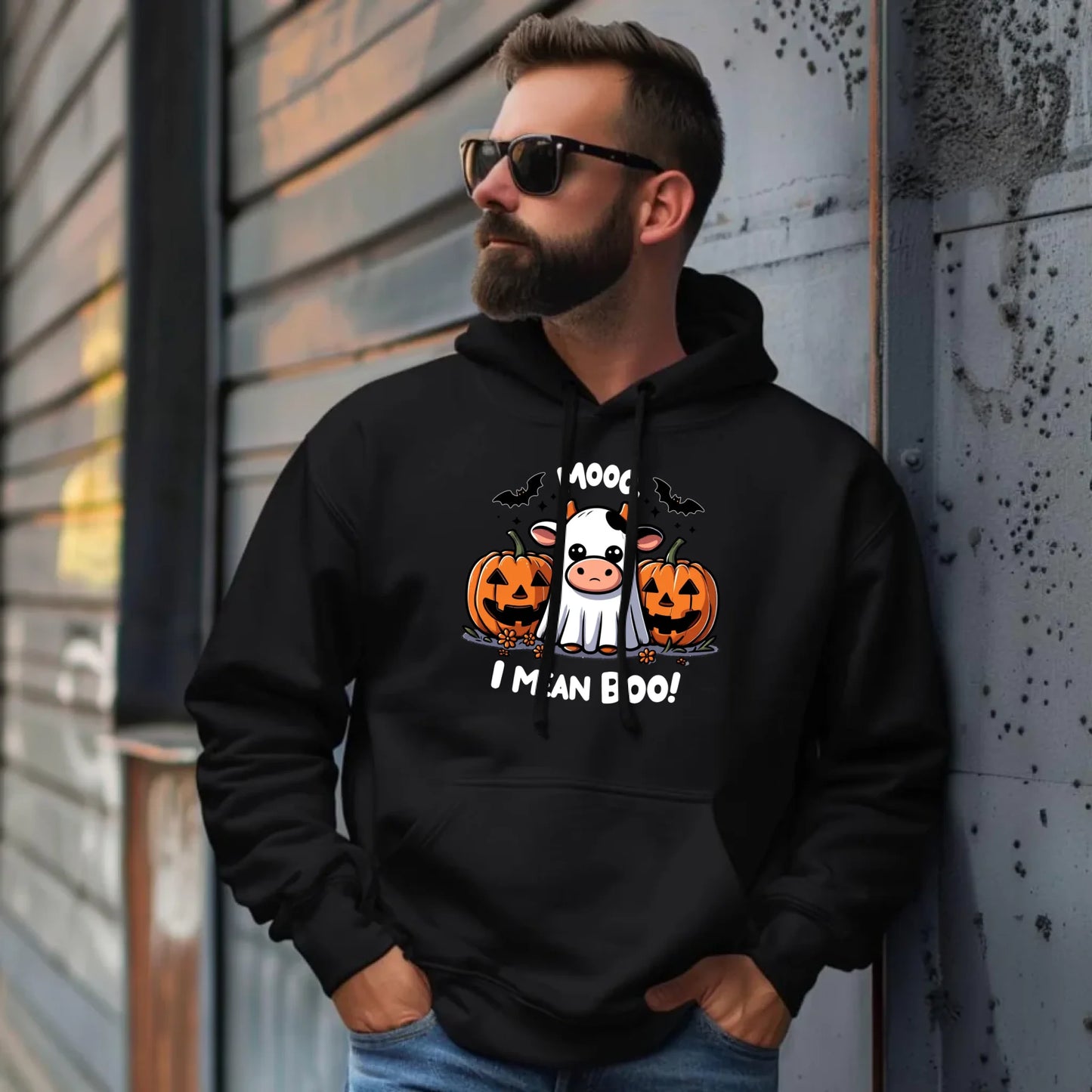 Bluza męska z kapturem na Halloween - Mooo I mean Boo! - z dynią i duchem HL14 - StoryCups.pl