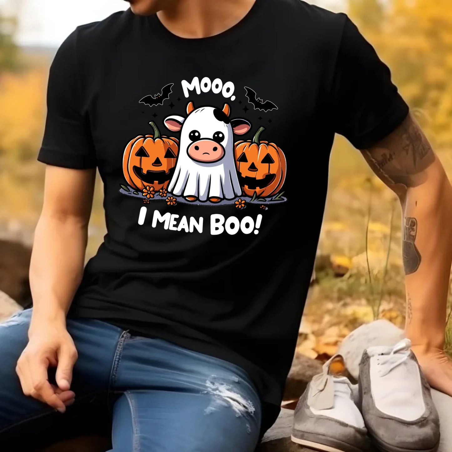 Koszulka męska na Halloween - Mooo I mean Boo! - z dynią i duchem HL14 - StoryCups.pl