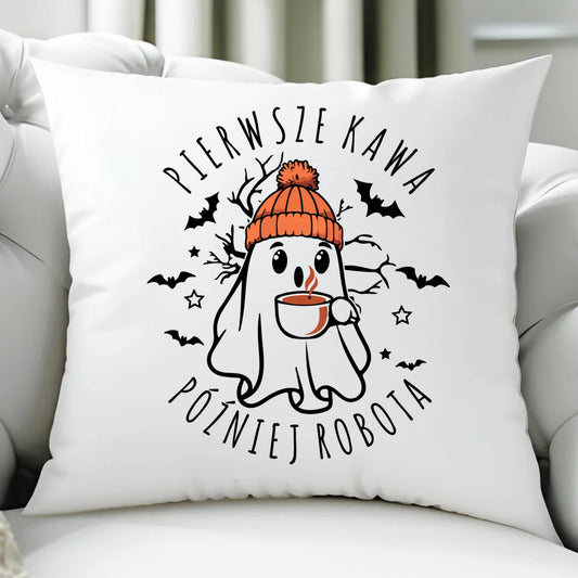 Poduszka na Halloween - Duch z kawą - Pierwsze kawa później robota HL01 - StoryCups.pl