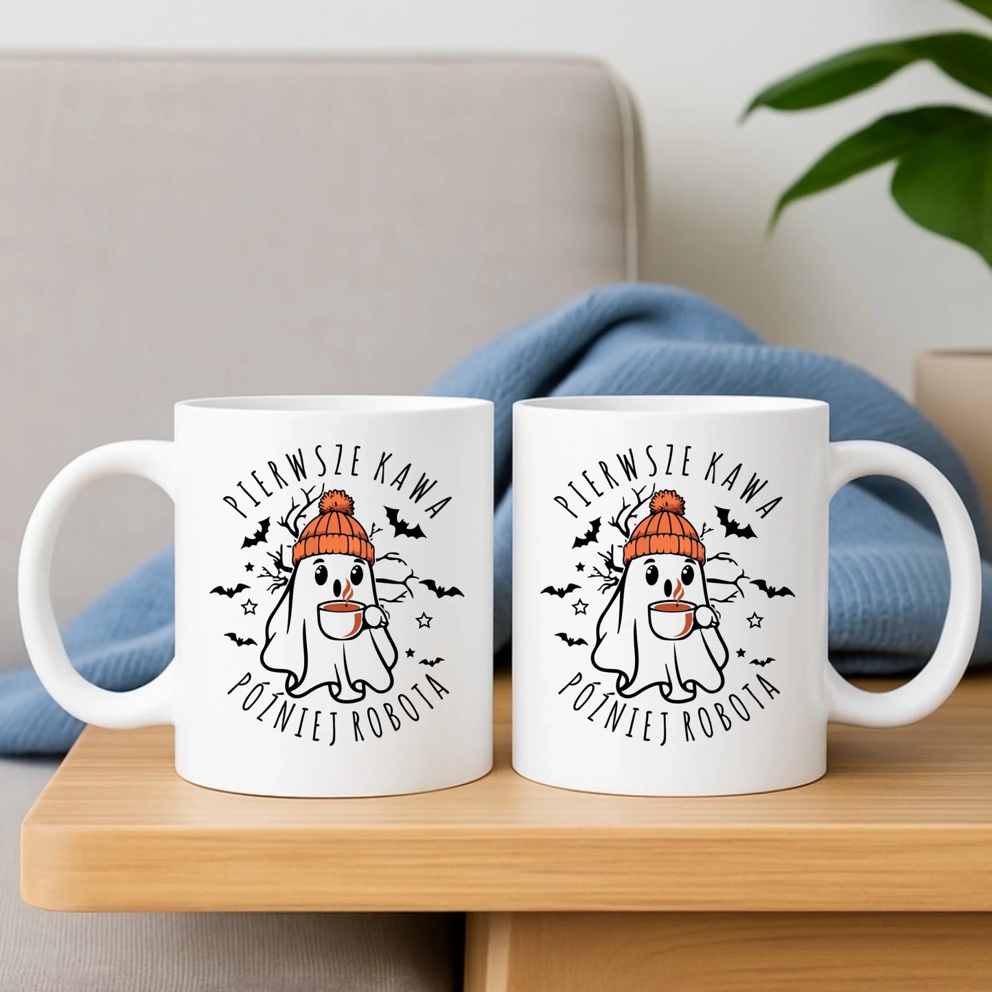 Kubek na Halloween - Duch z kawą - Pierwsze kawa później robota HL01 - StoryCups.pl