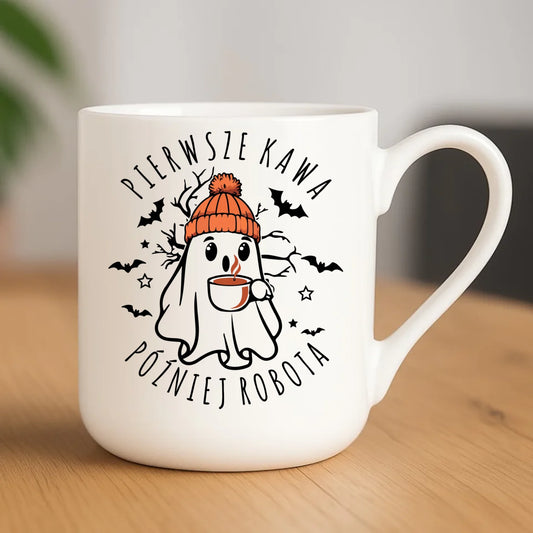 Kubek elegant na Halloween - Duch z kawą - Pierwsze kawa później robota HL01 - StoryCups.pl