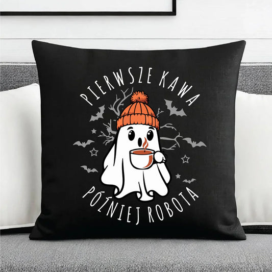 Poduszka dekoracyjna na Halloween - Duch z kawą - Pierwsze kawa później robota HL01 - StoryCups.pl