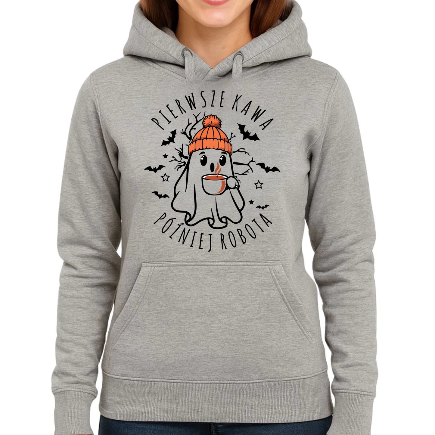 Bluza damska z kapturem na Halloween - Duch z kawą - Pierwsze kawa później robota HL01 - StoryCups.pl