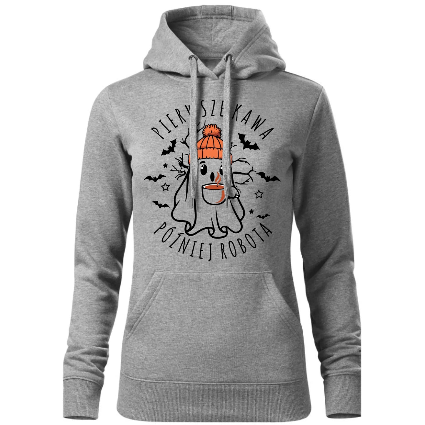 Bluza damska z kapturem na Halloween - Duch z kawą - Pierwsze kawa później robota HL01 - StoryCups.pl