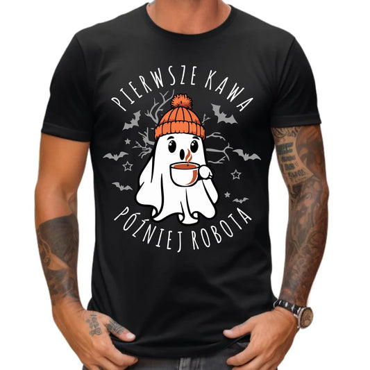 Koszulka męska halloweenowa - Duch z kawą - Pierwsze kawa później robota HL01 - StoryCups.pl
