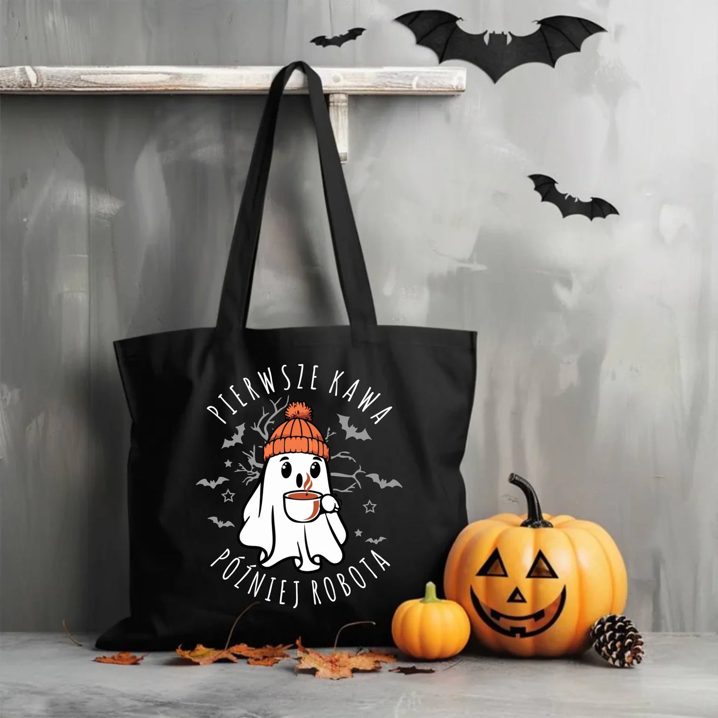 Torba na Halloween - Duch z kawą - Pierwsze kawa później robota HL01 - StoryCups.pl