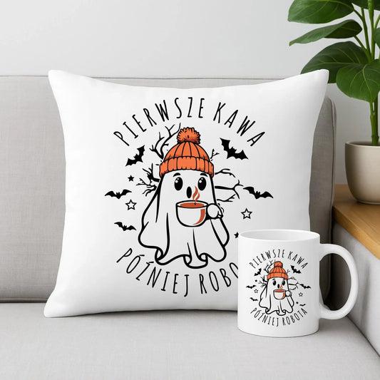 Zestaw poduszka i kubek na Halloween - Duch z kawą - Pierwsze kawa później robota HL01 - StoryCups.pl