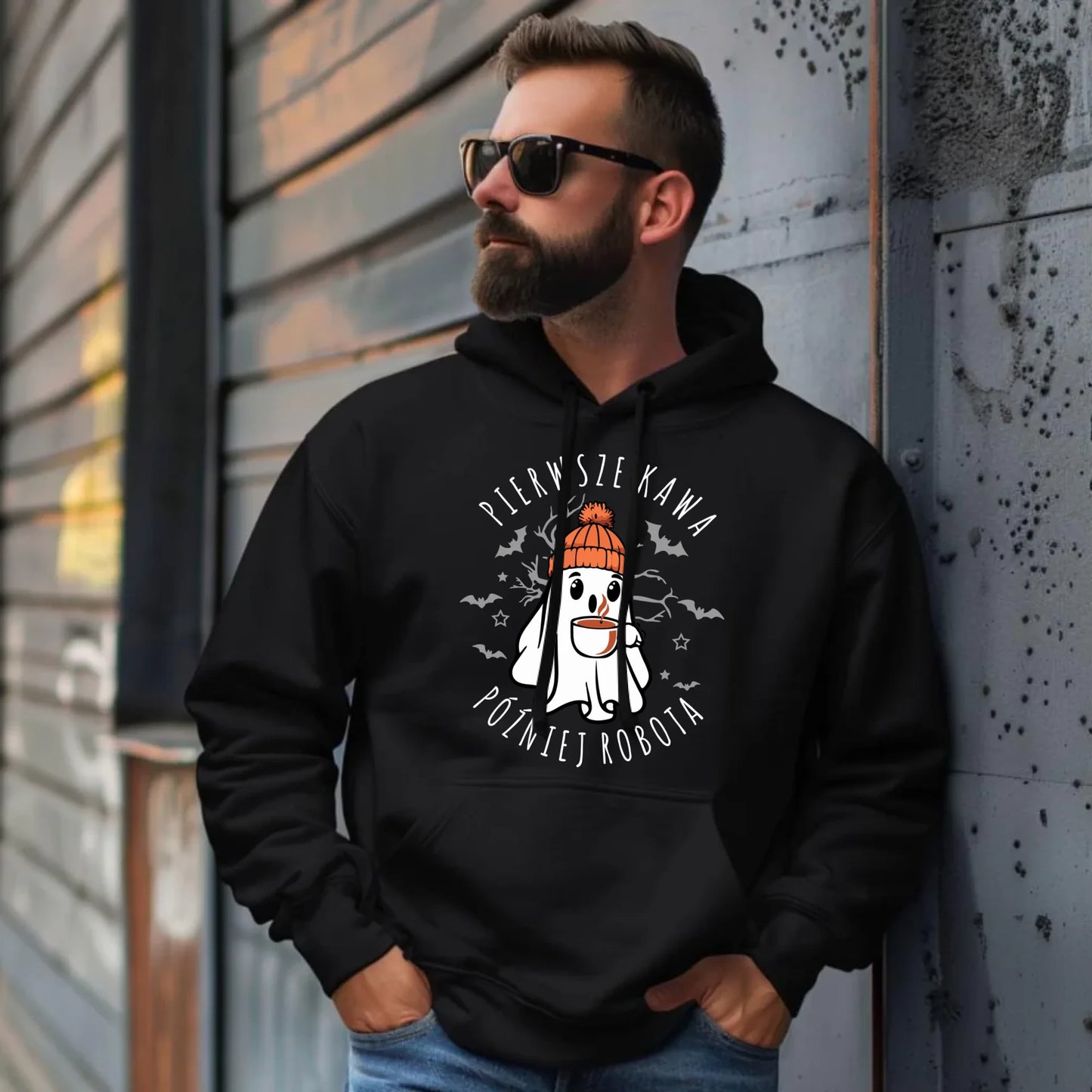 Bluza męska z kapturem na Halloween - Duch z kawą - Pierwsze kawa później robota HL01 - StoryCups.pl