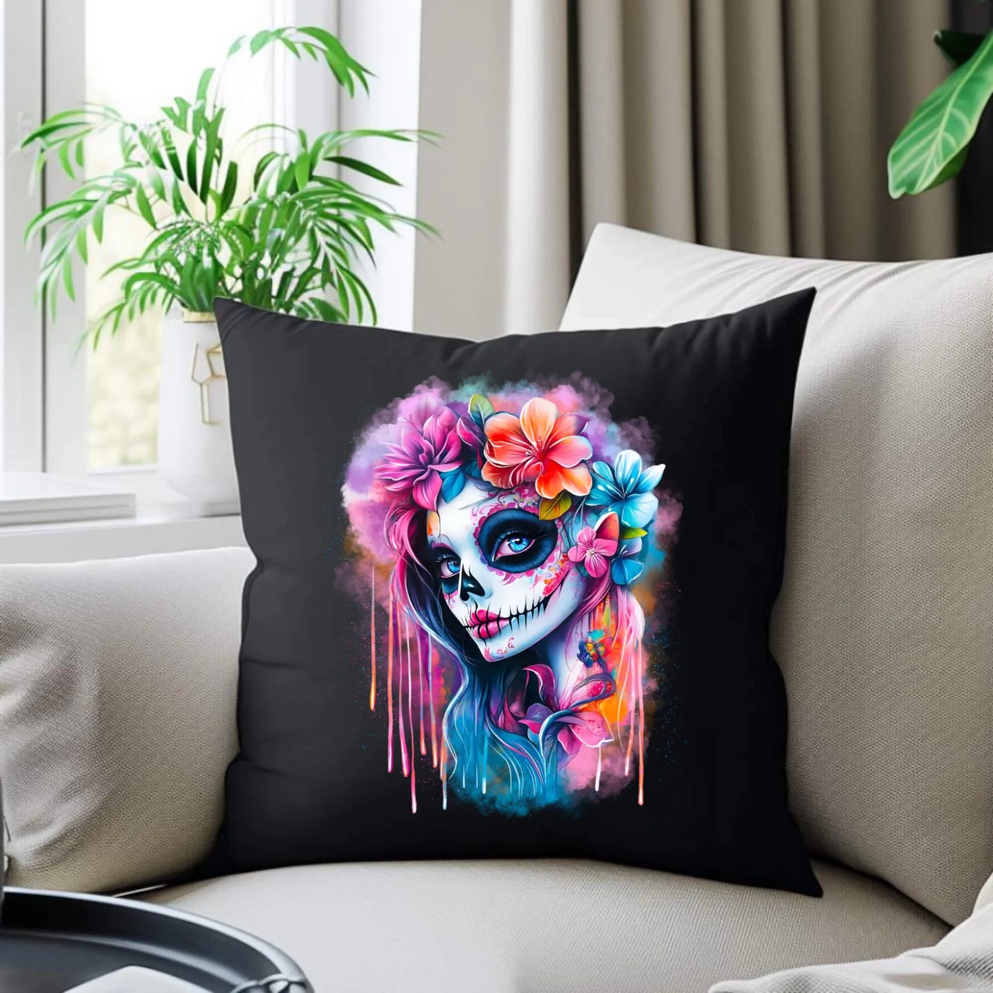 Poduszka dekoracyjna Halloween - kolorowa czaszka z kwiatami La Muerte HL05 - StoryCups.pl