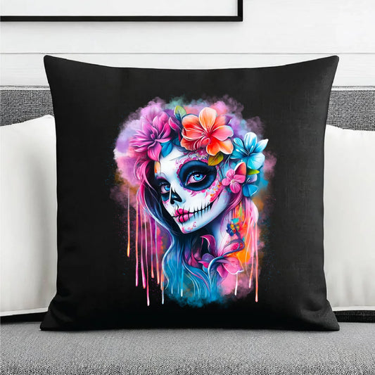Poduszka dekoracyjna Halloween - kolorowa czaszka z kwiatami La Muerte HL05 - StoryCups.pl