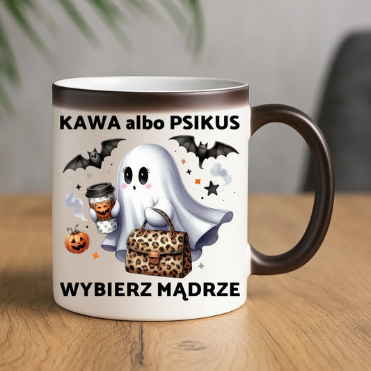 Kubek magiczny halloweenowy - Duch - Kawa albo psikus HL07 - StoryCups.pl