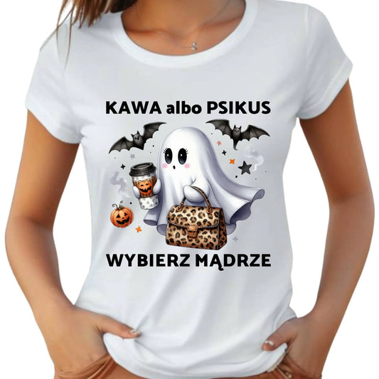 Koszulka damska halloweenowa - Duch - Kawa albo psikus HL07 - StoryCups.pl