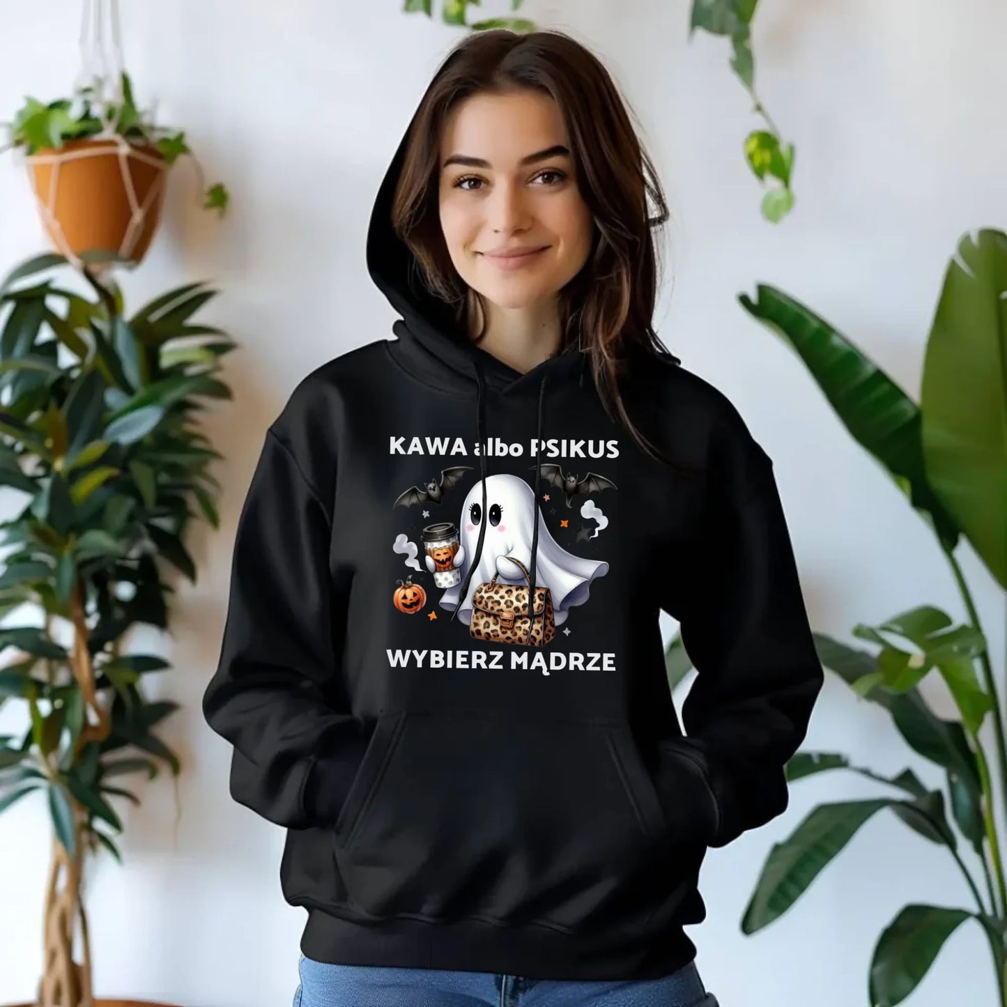 Bluza damska z kapturem halloweenowa - Duch - Kawa albo psikus HL07 - StoryCups.pl