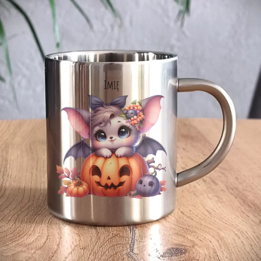 Kubek metalowy halloweenowy - Uroczy nietoperz z dynią - personalizowany HL08 - StoryCups.pl