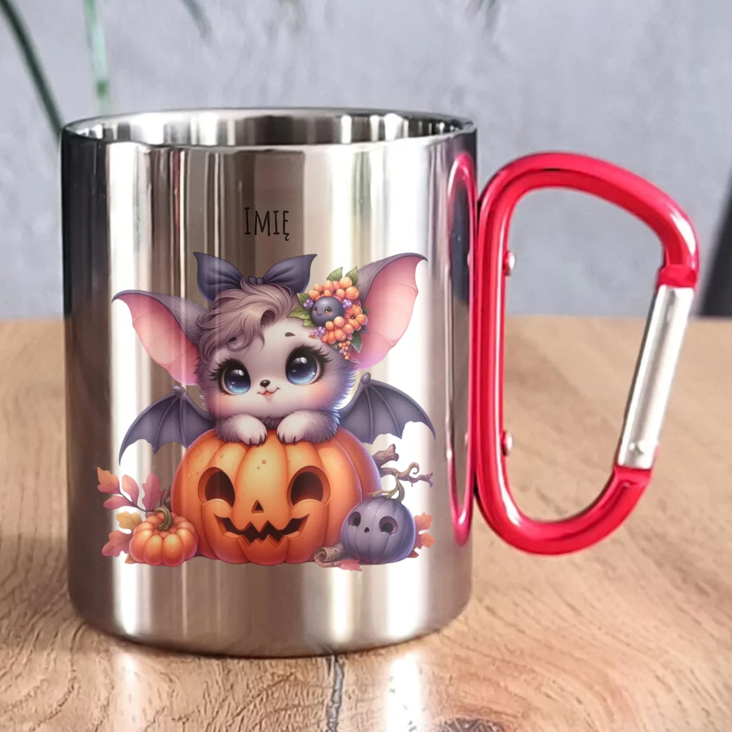 Kubek metalowy halloweenowy - Uroczy nietoperz z dynią - personalizowany HL08 - StoryCups.pl