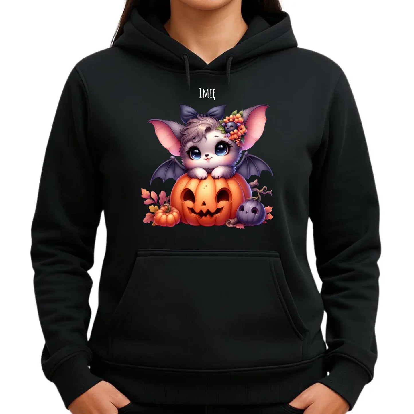 Bluza damska z kapturem halloweenowa - Uroczy nietoperz z dynią - personalizowana HL08 - StoryCups.pl