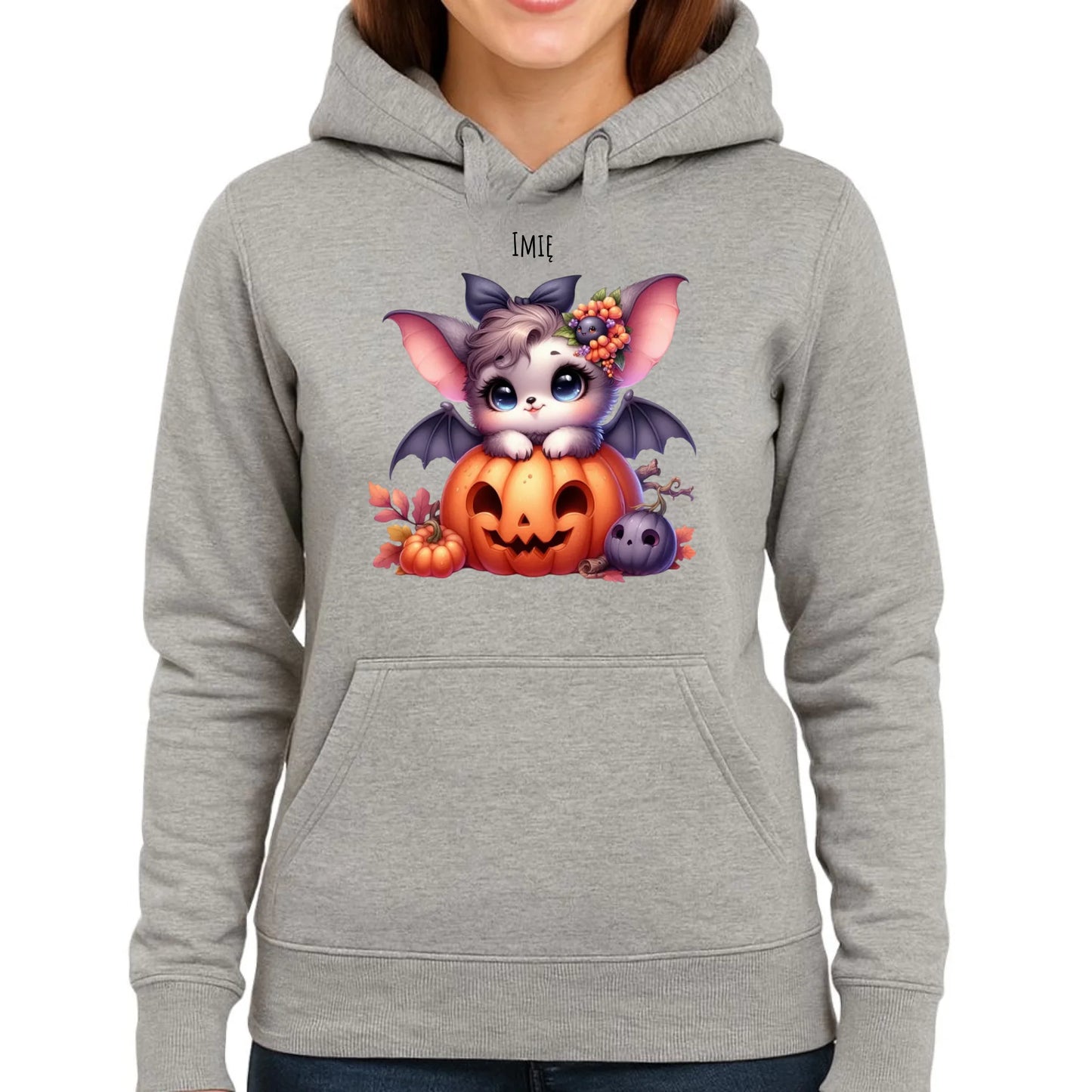 Bluza damska z kapturem halloweenowa - Uroczy nietoperz z dynią - personalizowana HL08 - StoryCups.pl