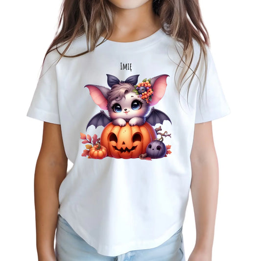 Koszulka dziecięca halloweenowa - Uroczy nietoperz z dynią - personalizowana HL08 - StoryCups.pl