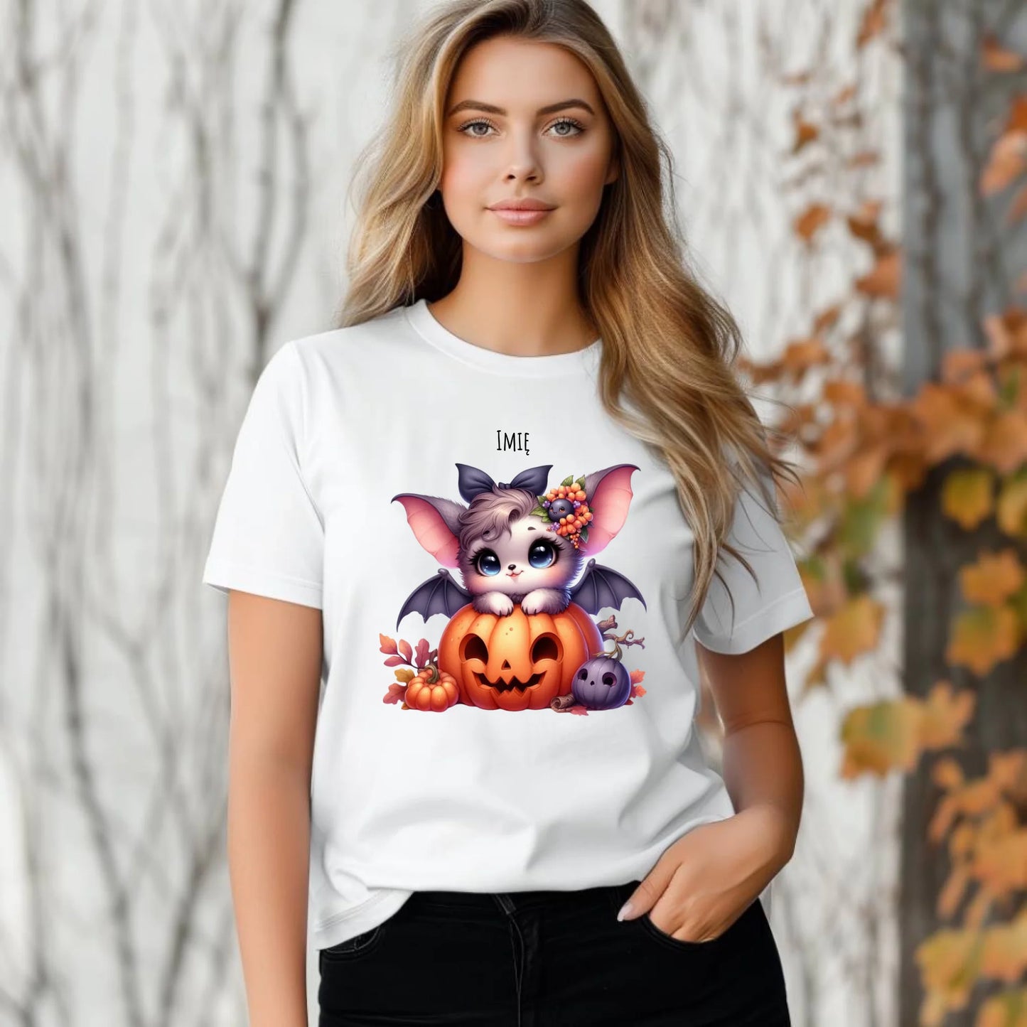 Koszulka damska halloweenowa - Uroczy nietoperz z dynią - personalizowana HL08 - StoryCups.pl