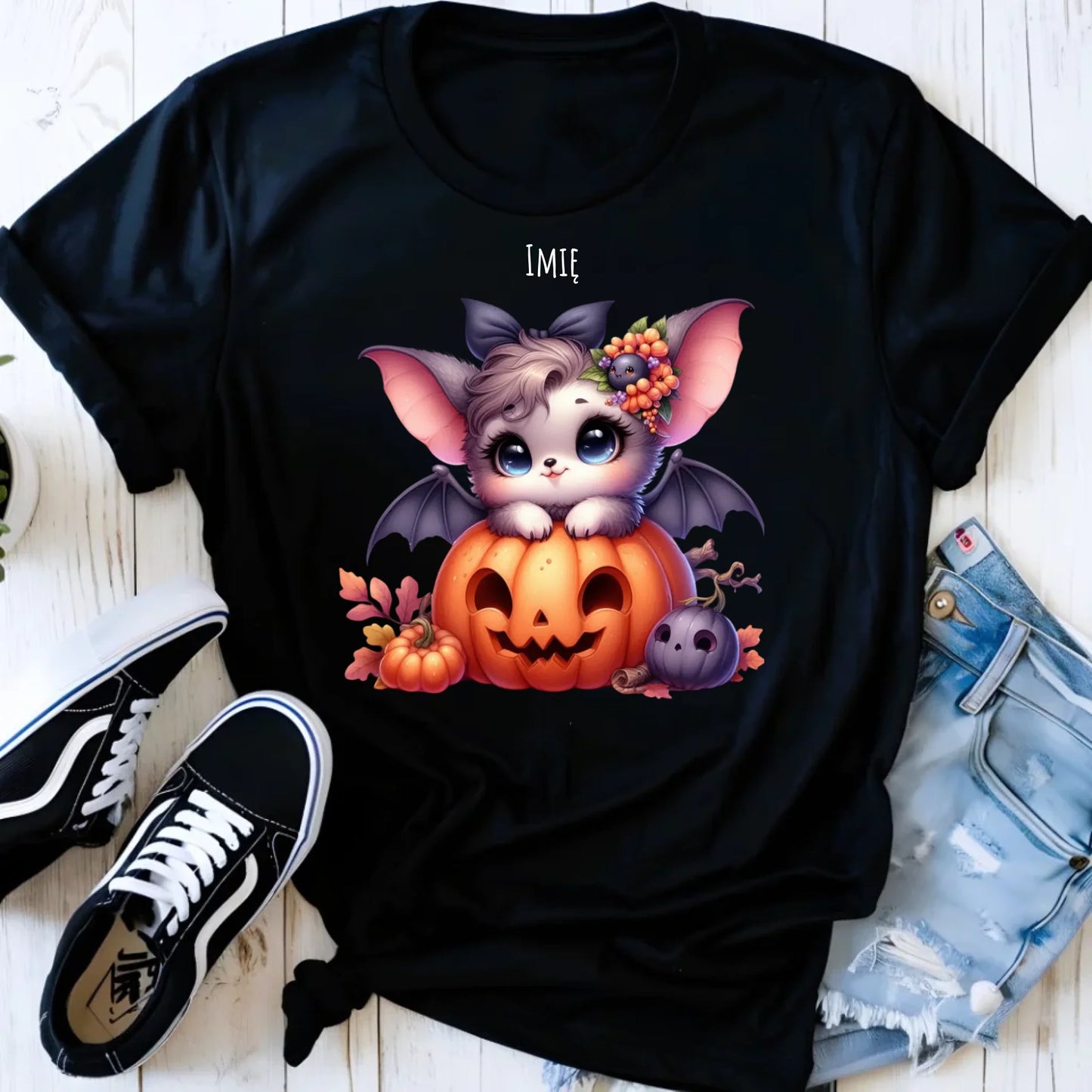Koszulka damska halloweenowa - Uroczy nietoperz z dynią - personalizowana HL08 - StoryCups.pl