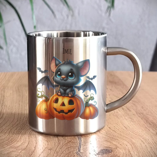 Kubek metalowy halloweenowy - Słodki nietoperz z dynią - personalizowany HL09 - StoryCups.pl